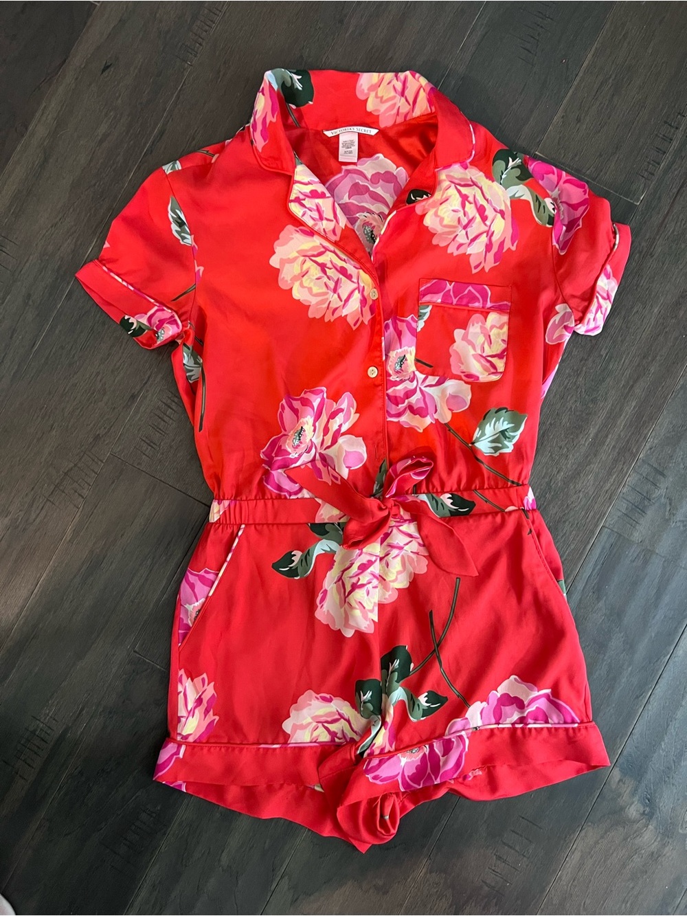 Victoria’s Secret Red & Pink Floral Pajama Romper Size Small